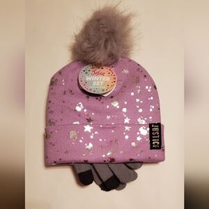 Justice Purple and Gray Iridescent Foil Print Winter Hat and Gloves Set New
